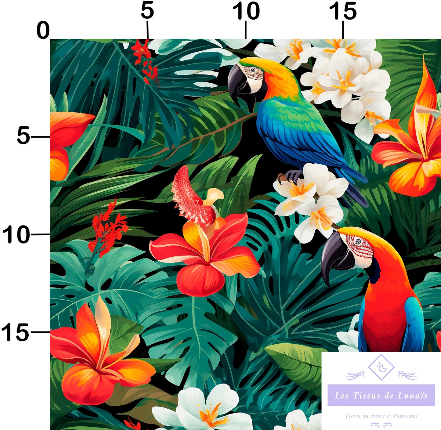 Tissu au mètre 51 oiseaux tropicaux - Disponible en 9 matières - Vendu par multiple de 50 cm