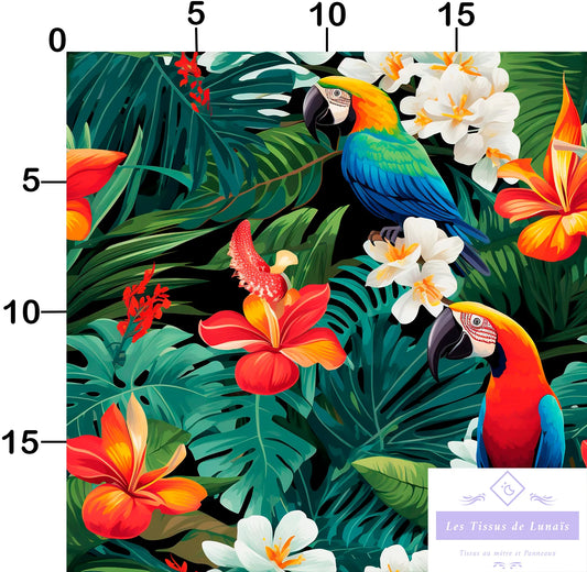 Tissu au mètre 51 oiseaux tropicaux - Disponible en 9 matières - Vendu par multiple de 50 cm