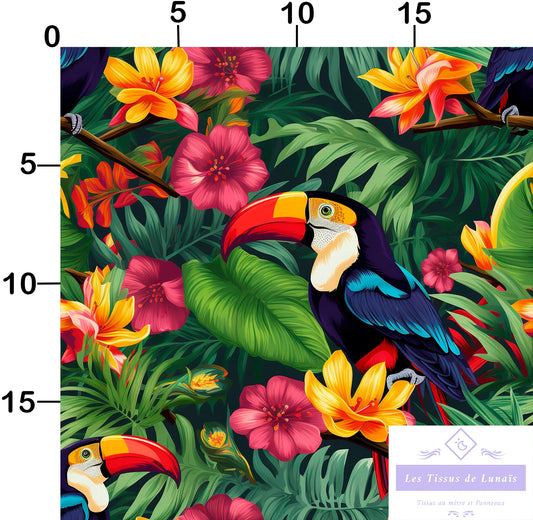 Tissu au mètre 52 oiseaux tropicaux - Disponible en 9 matières - Vendu par multiple de 50 cm