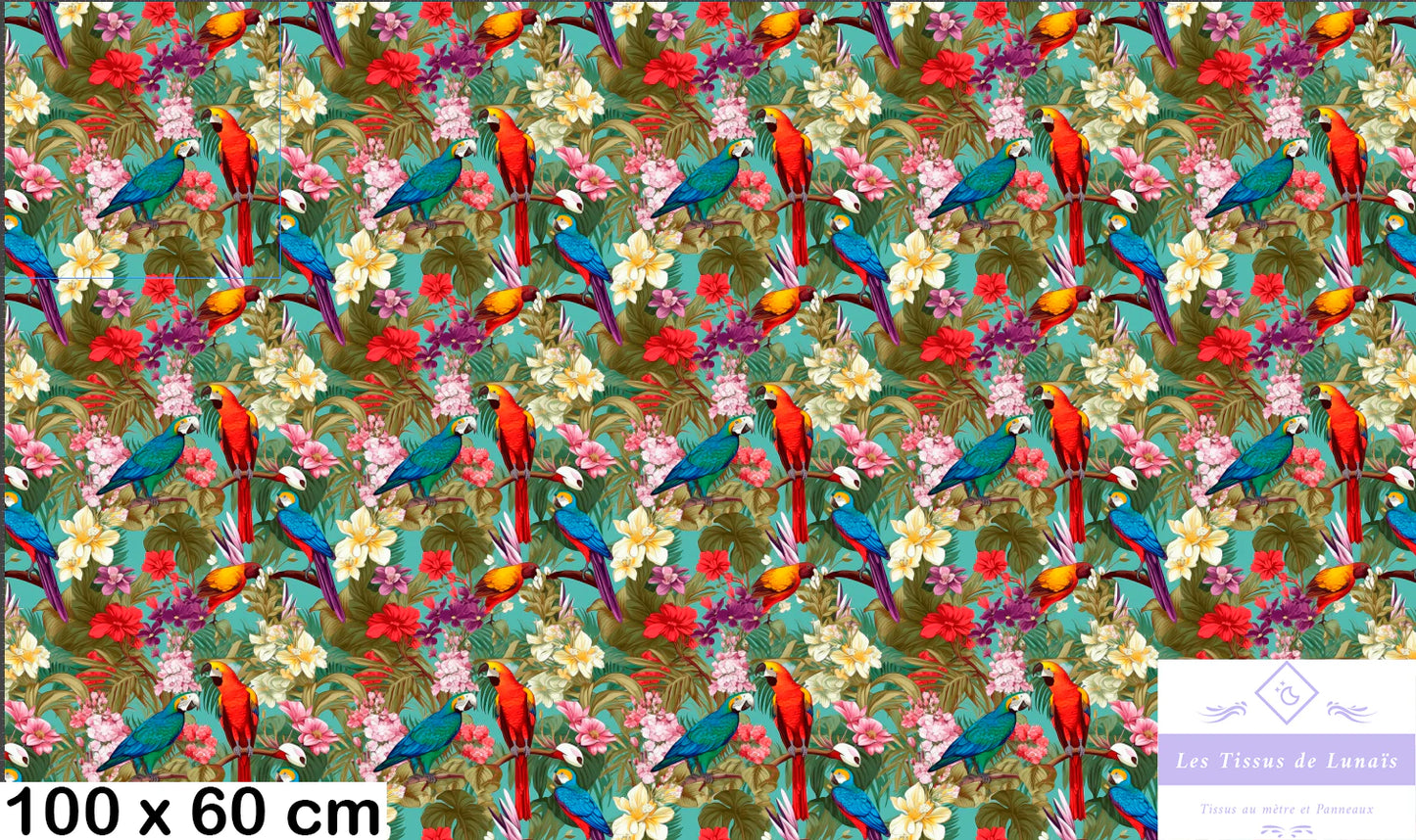 Tissu au mètre 53 oiseaux tropicaux - Disponible en 9 matières - Vendu par multiple de 50 cm