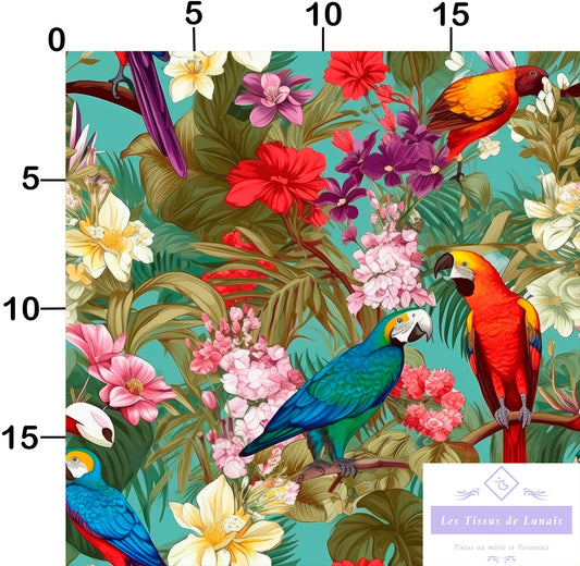 Tissu au mètre 53 oiseaux tropicaux - Disponible en 9 matières - Vendu par multiple de 50 cm