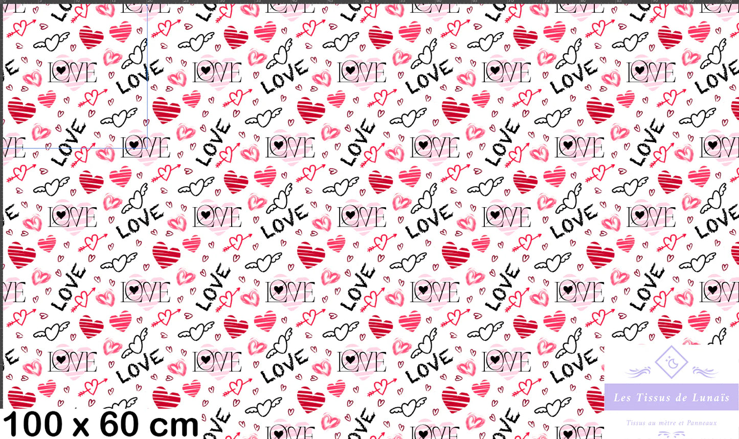 Tissu au mètre 77 love cœur mariage amour - Disponible en 9 matières - Vendu par multiple de 50 cm