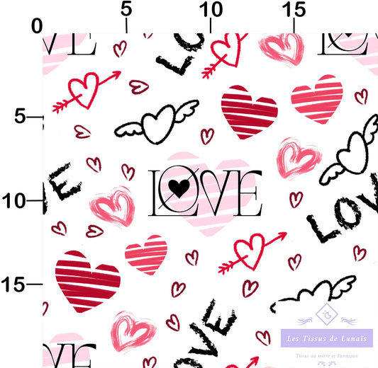 Tissu au mètre 77 love cœur mariage amour - Disponible en 9 matières - Vendu par multiple de 50 cm